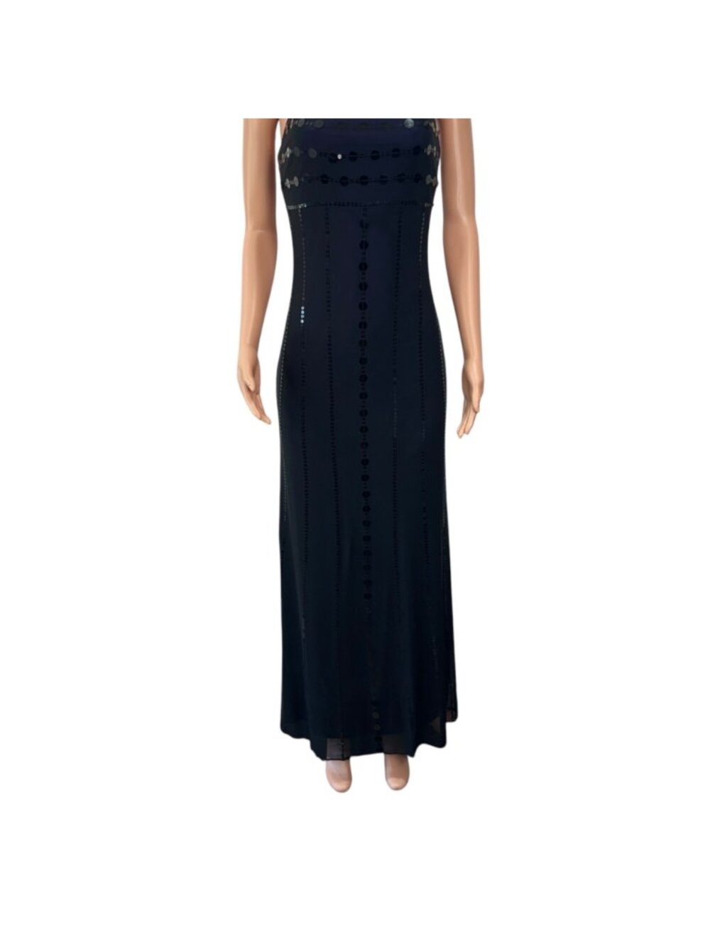 RIMINI By Shaw Vintage Black Sequined Spaghetti Strap Maxi Dress 6 Purple Lined - Picture 13 of 14